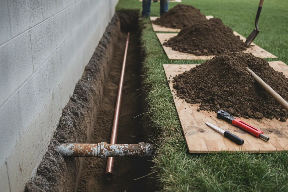 Excavated water line trench during Water Softener Installation in Lansing